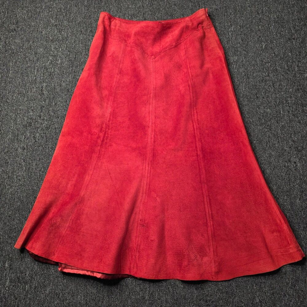 Vtg Roper Red Suede Leather Western Maxi Skirt Womens L Gored Flared A-Line